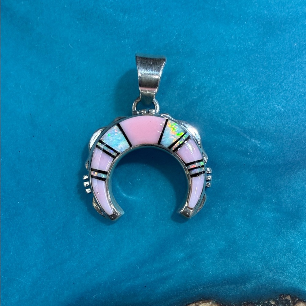 Elegant Pink Conch, Opal and Onyx and Silver Crescent Pendant